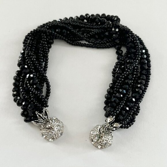 Beaded Bracelet Black Multistrand Rhinestone Magnetic Closure Siver Tone Formal - Picture 2 of 7